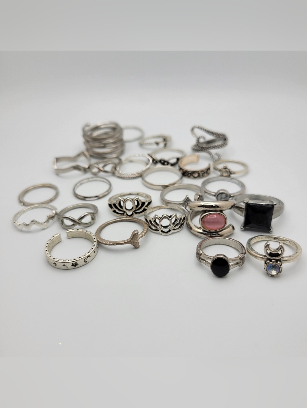 Huge Lot of Silver Tone Stackable Rings Set with Pink Accent